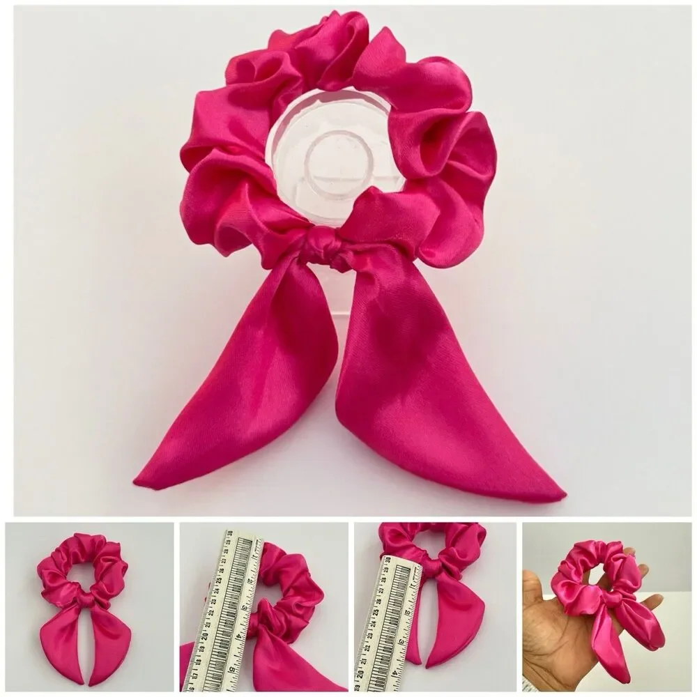 Luxury Hot Pink Satin Bow Scrunchie Handmade – Statement Hair Accessory - Picture 9 of 16